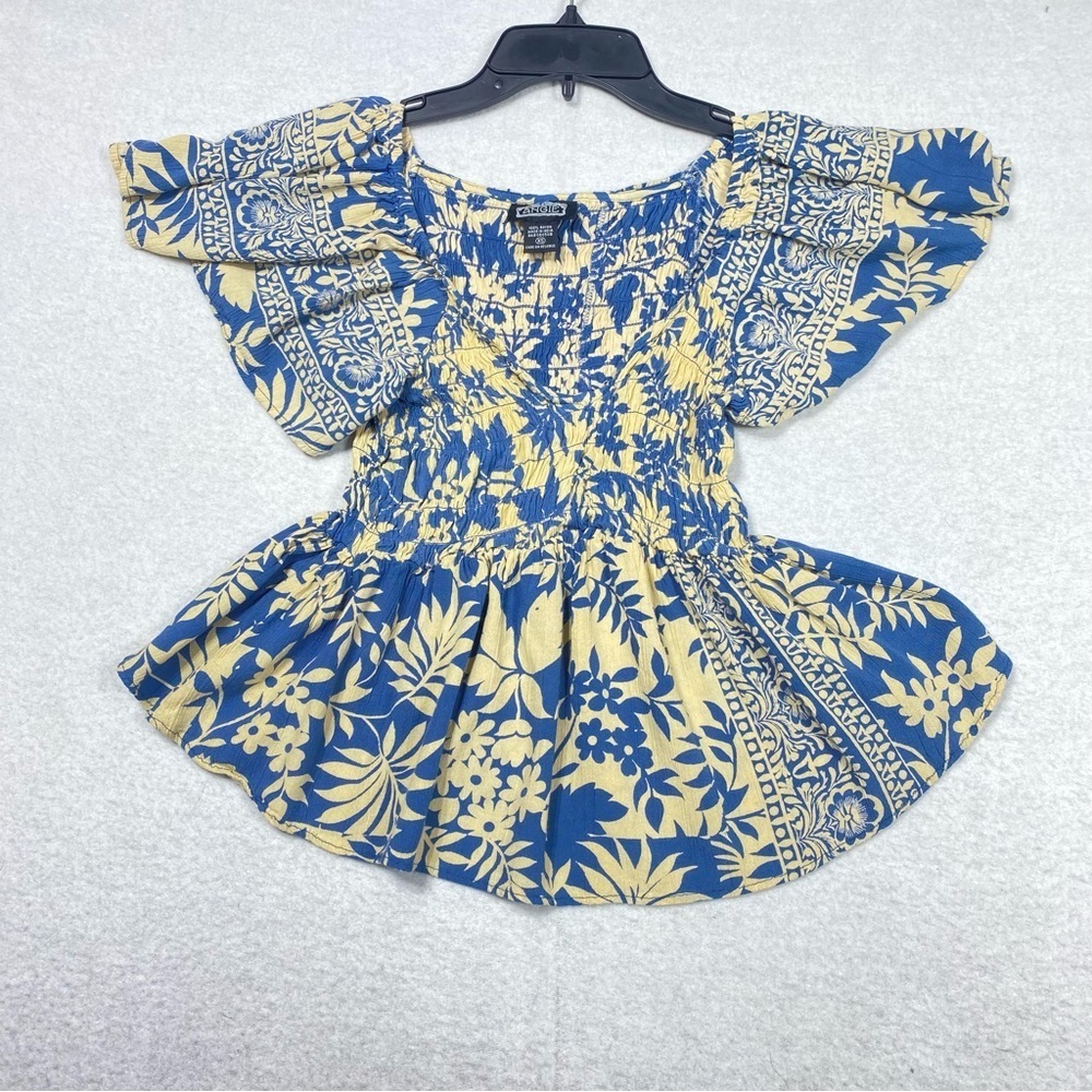 Angie Smocked Floral Leaf Boho Top Women's PXS Peasant Flutter Sleeve V Neck